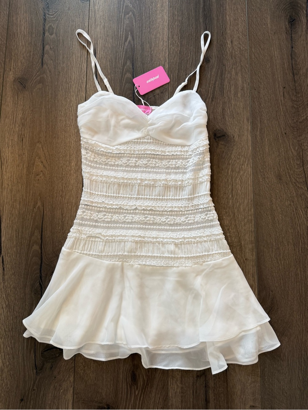 NWT Edikted Marcia Chiffon Lacey Mini Dress White Size Small